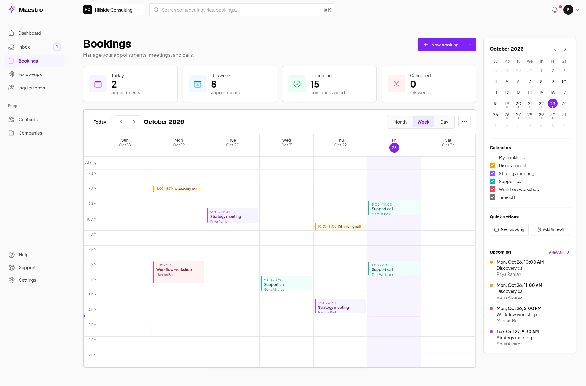 Actual Maestro appointment booking calendar