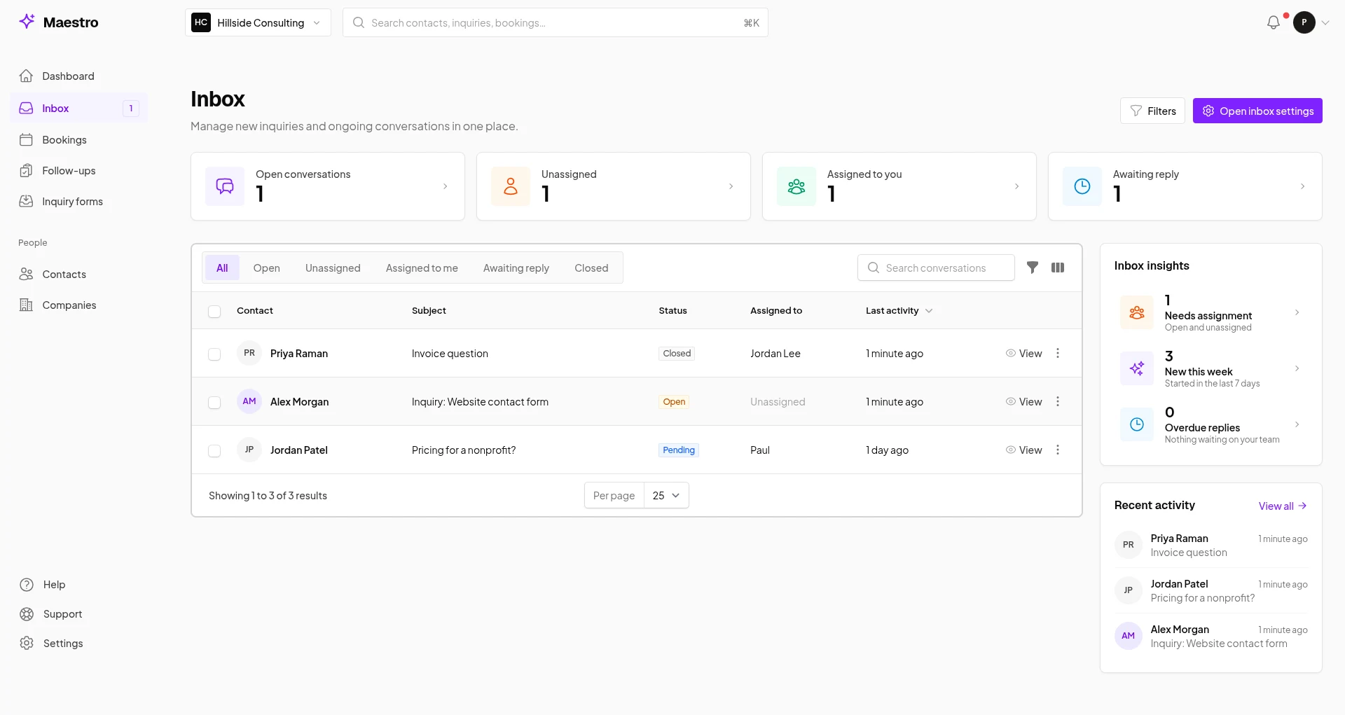 Actual Maestro shared inbox with customer conversations